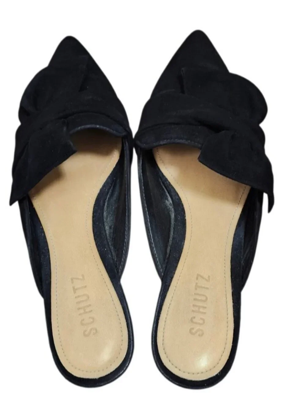 Schutz Black Suede Bow Pointed Toe Mule Flats Women’s Size 8.5B Leather